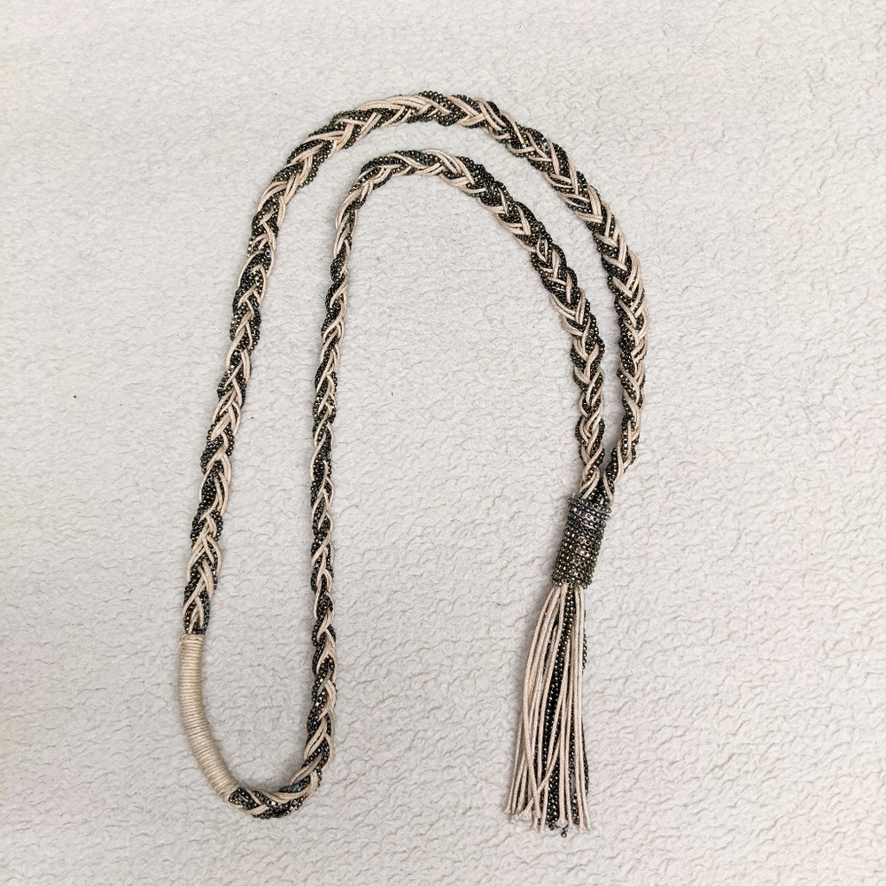 LOFT Braided long necklace sparkle Holidays box chain links cording tassel - Picture 2 of 7